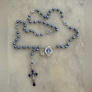 Elegant Blue and Silver Rosary Necklace